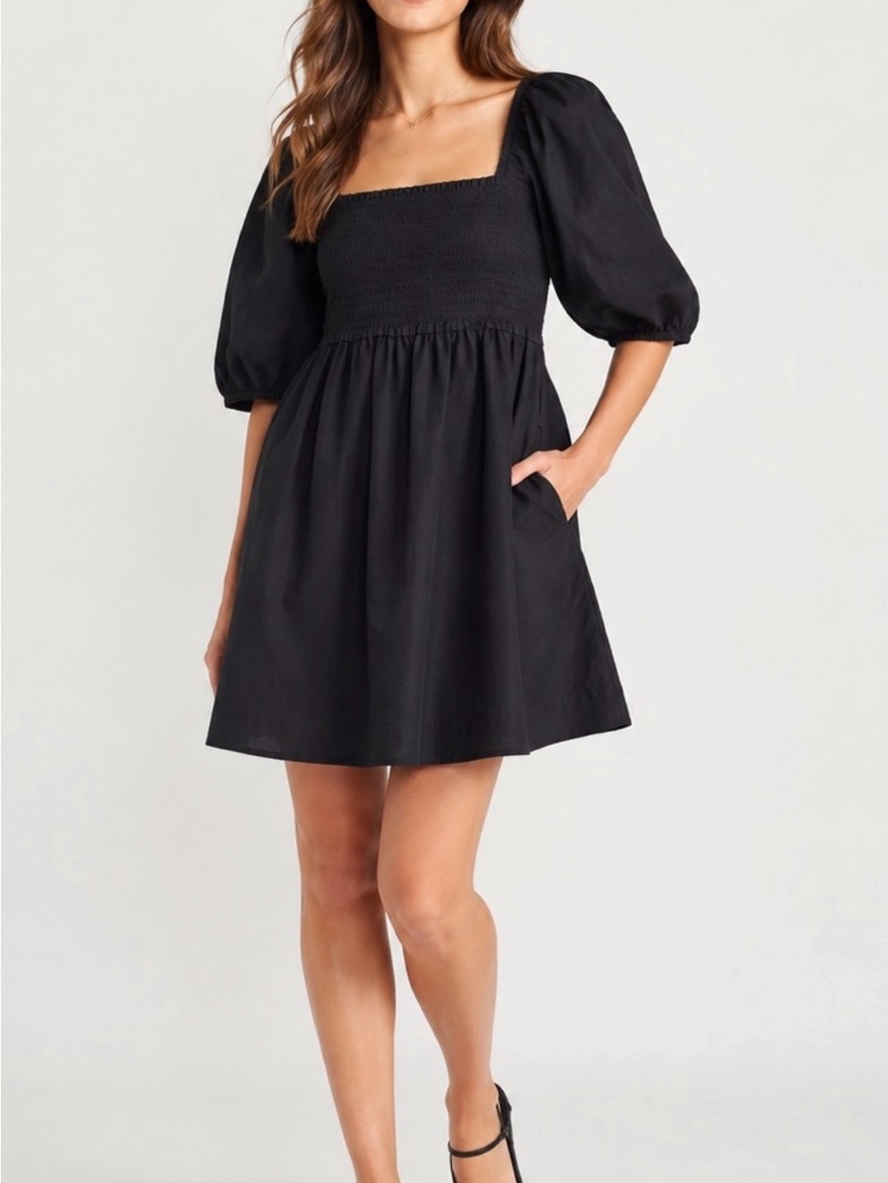 Black Puff-Sleeve Smocked Mini Dress - with pockets